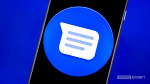 Google Messages SMS logo on a phone screen.