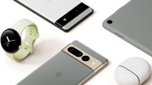 Google Pixel ecosystem with Pixel 7, Pixel Watch, Pixel Buds Pro, Pixel tablet in grey and green